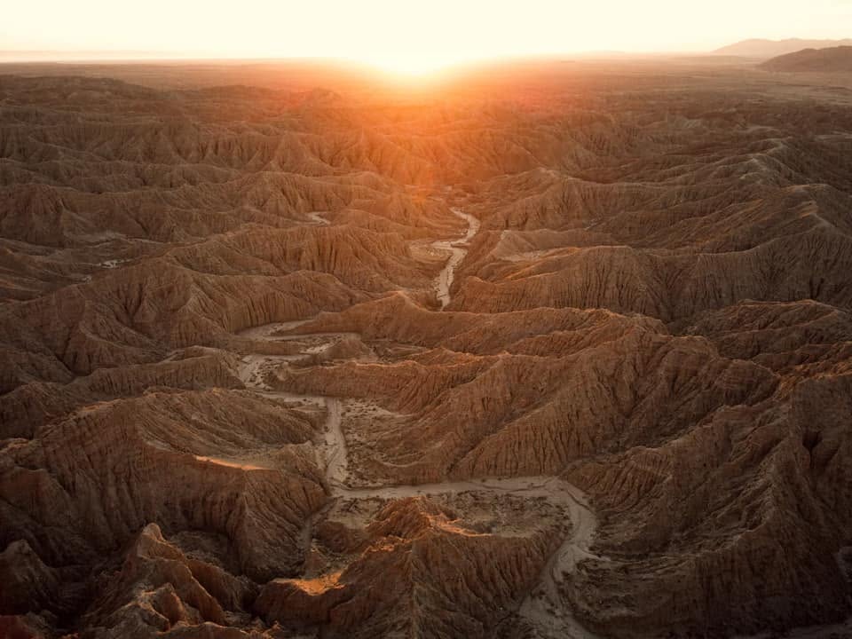 Sunrise over a landscape of hills
